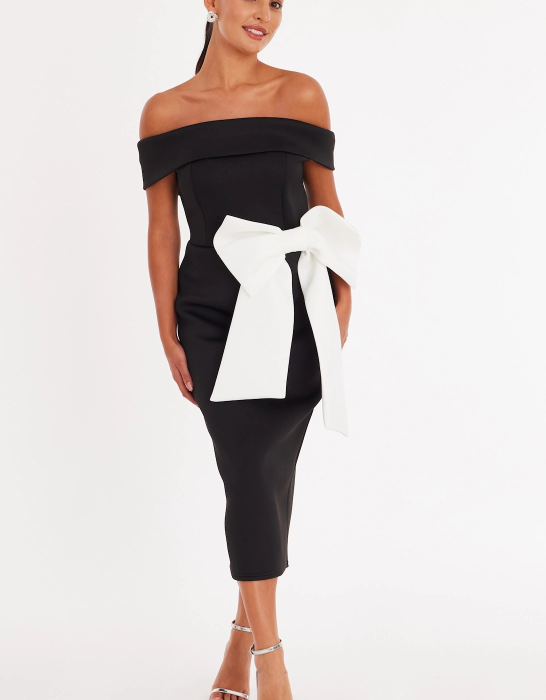 Black Petite Oversized Bow Midi Dress, 2 of 1