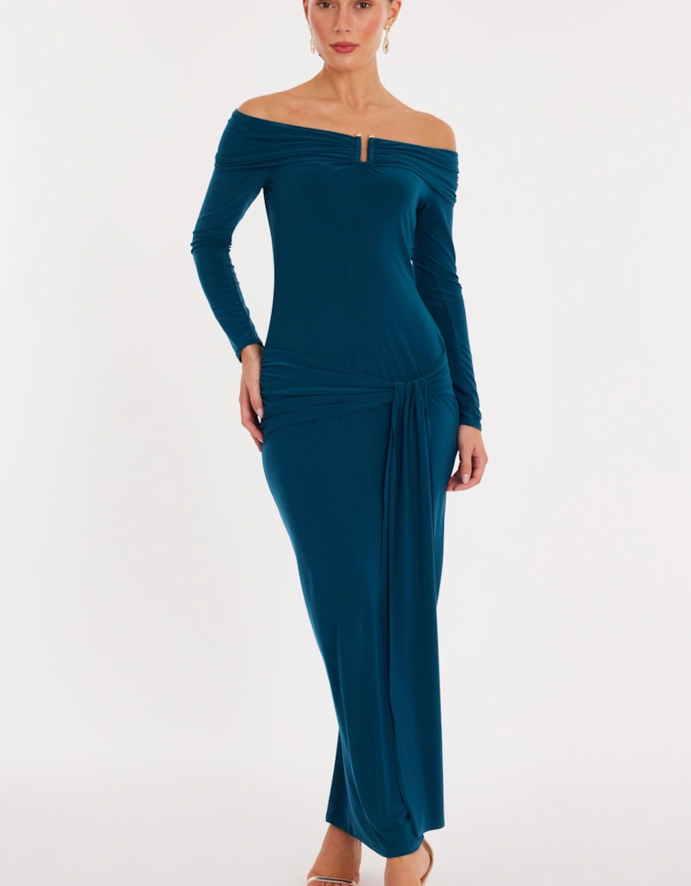 Teal Ruched Long Sleeve Midaxi Dress
