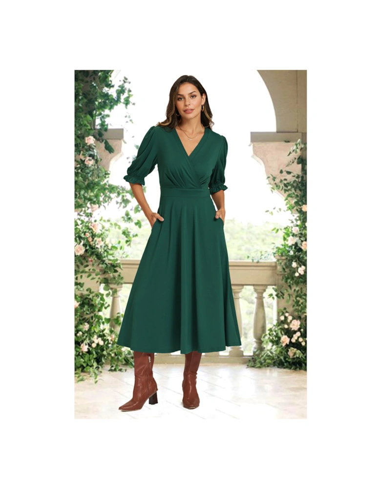 Half Sleeves Jersey Midi Dress with Wrap Neckline In Green