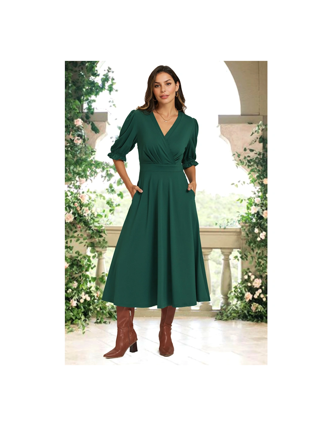 Half Sleeves Jersey Midi Dress with Wrap Neckline In Green, 2 of 1