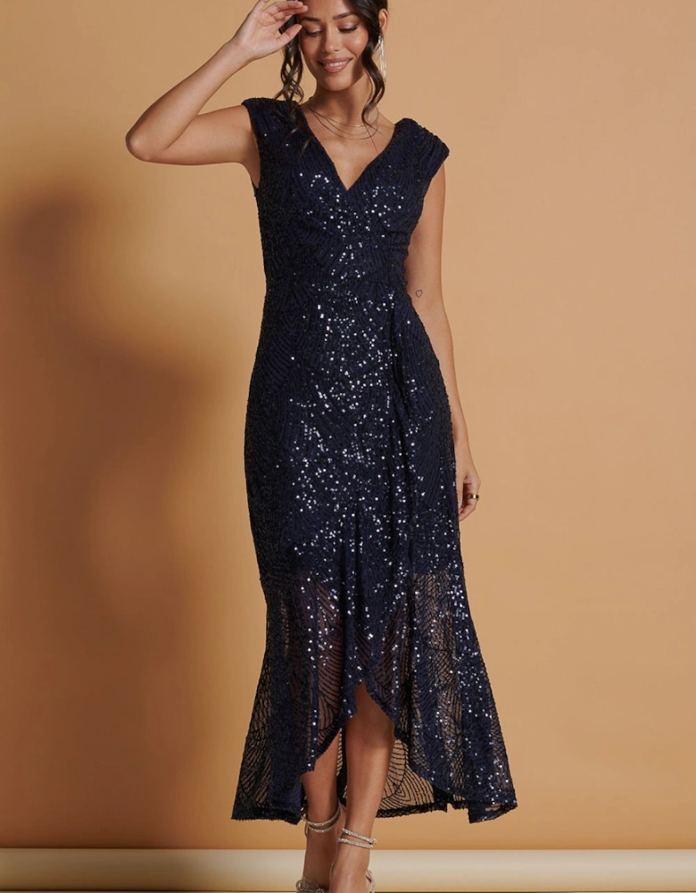 Sequin Wrap Ruffle Hem Maxi Dress