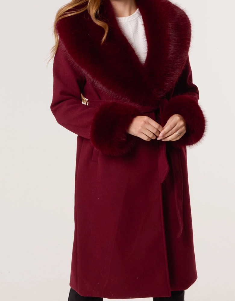 Red Wrap Front Faux Fur Collar & Cuff Coat