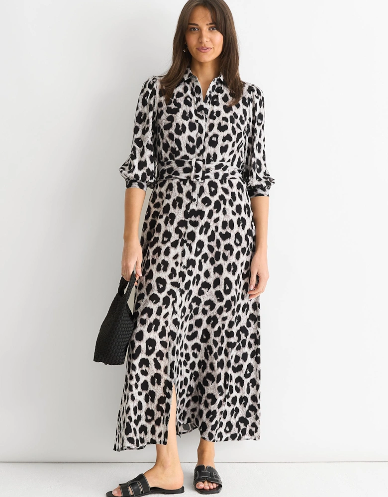 Grey Animal Print Shirt Maxi Dress