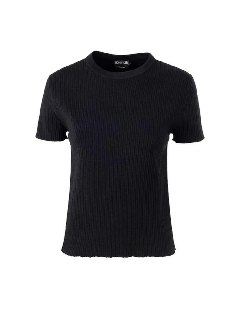 Stretch Ribbed Cropped Short Sleeve Sweater  - Black Tops