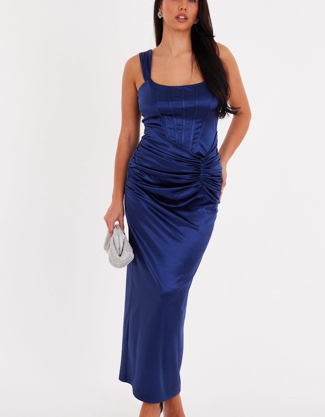 Navy Square Neck Satin Midaxi Dress, 2 of 1