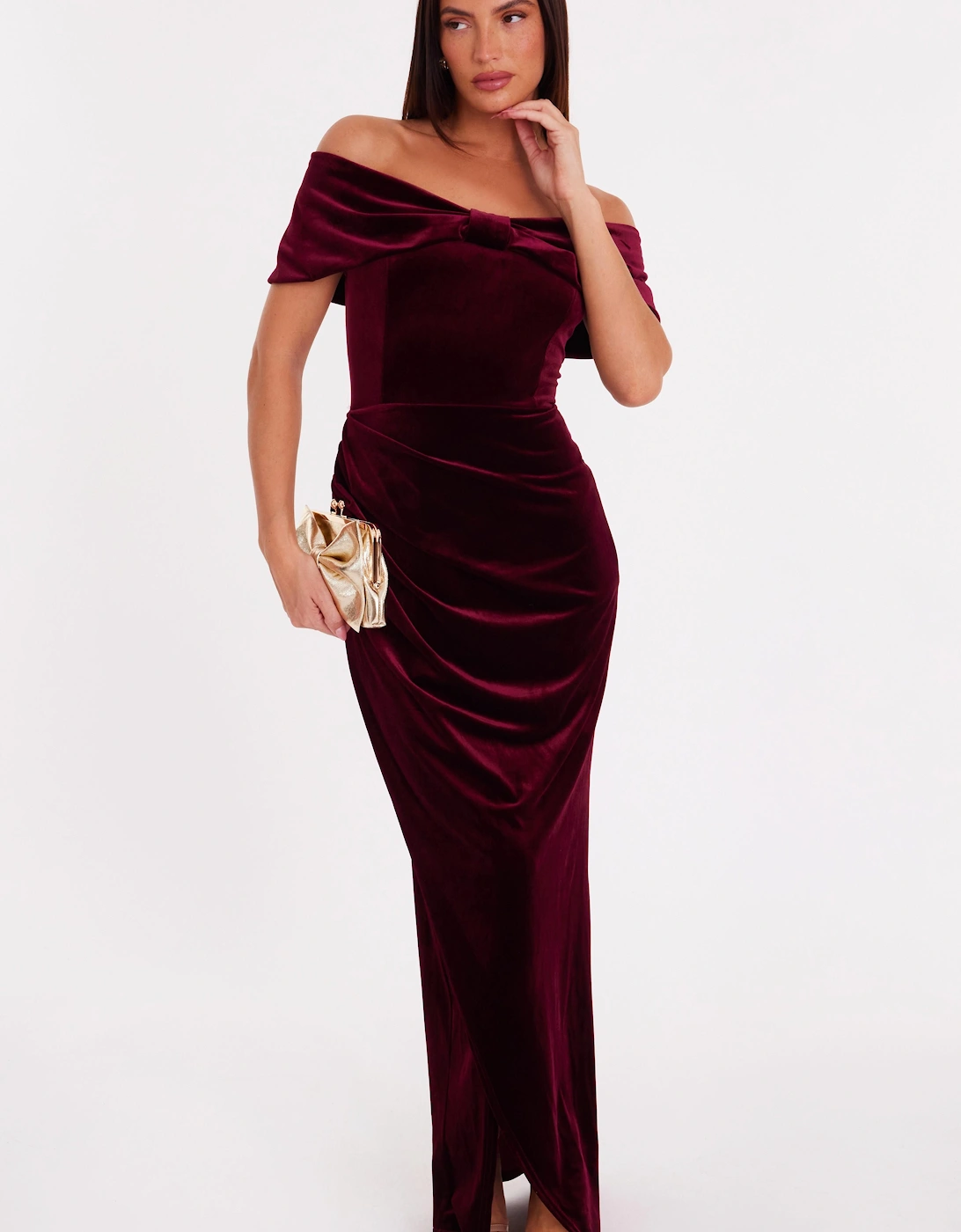 Burgundy Velvet Bardot Maxi Dress, 2 of 1
