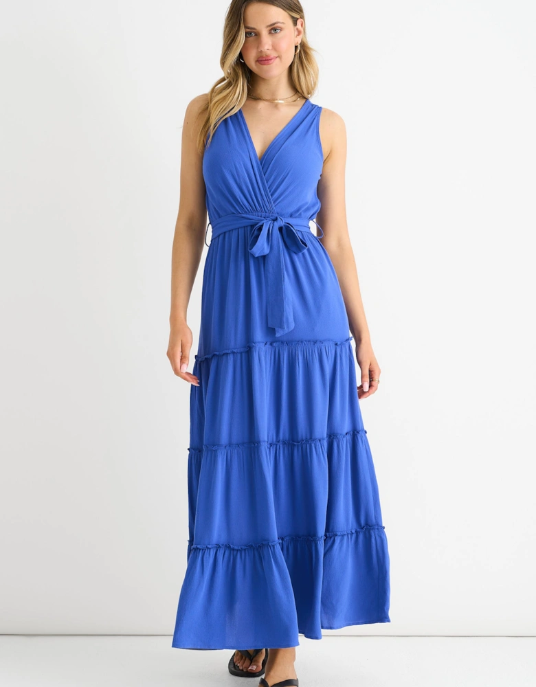 Blue Viscose Wrap Tiered Maxi Dress