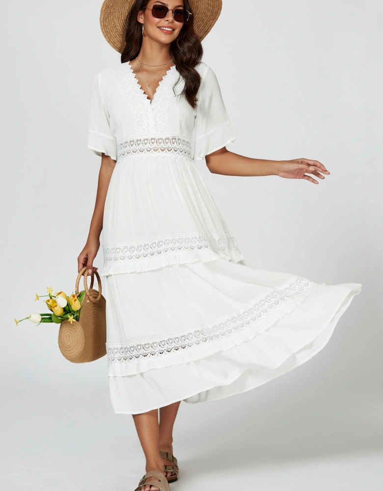 V Neck Lace Detail Midi Dress