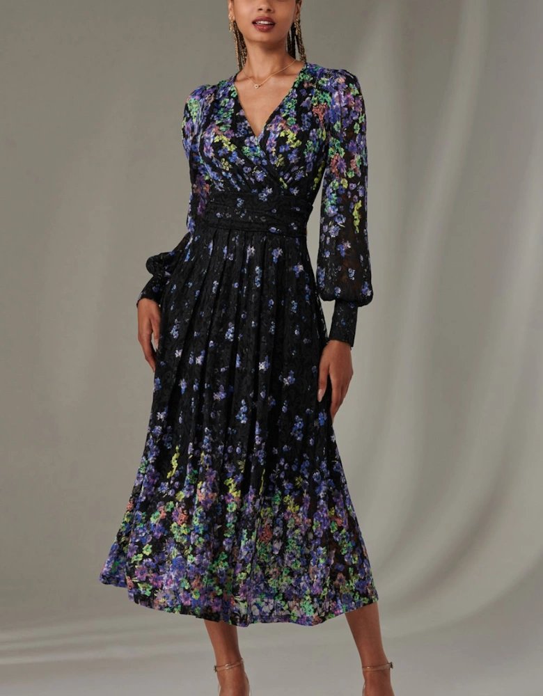 Dalia Symmetrical Print Lace Maxi Dress