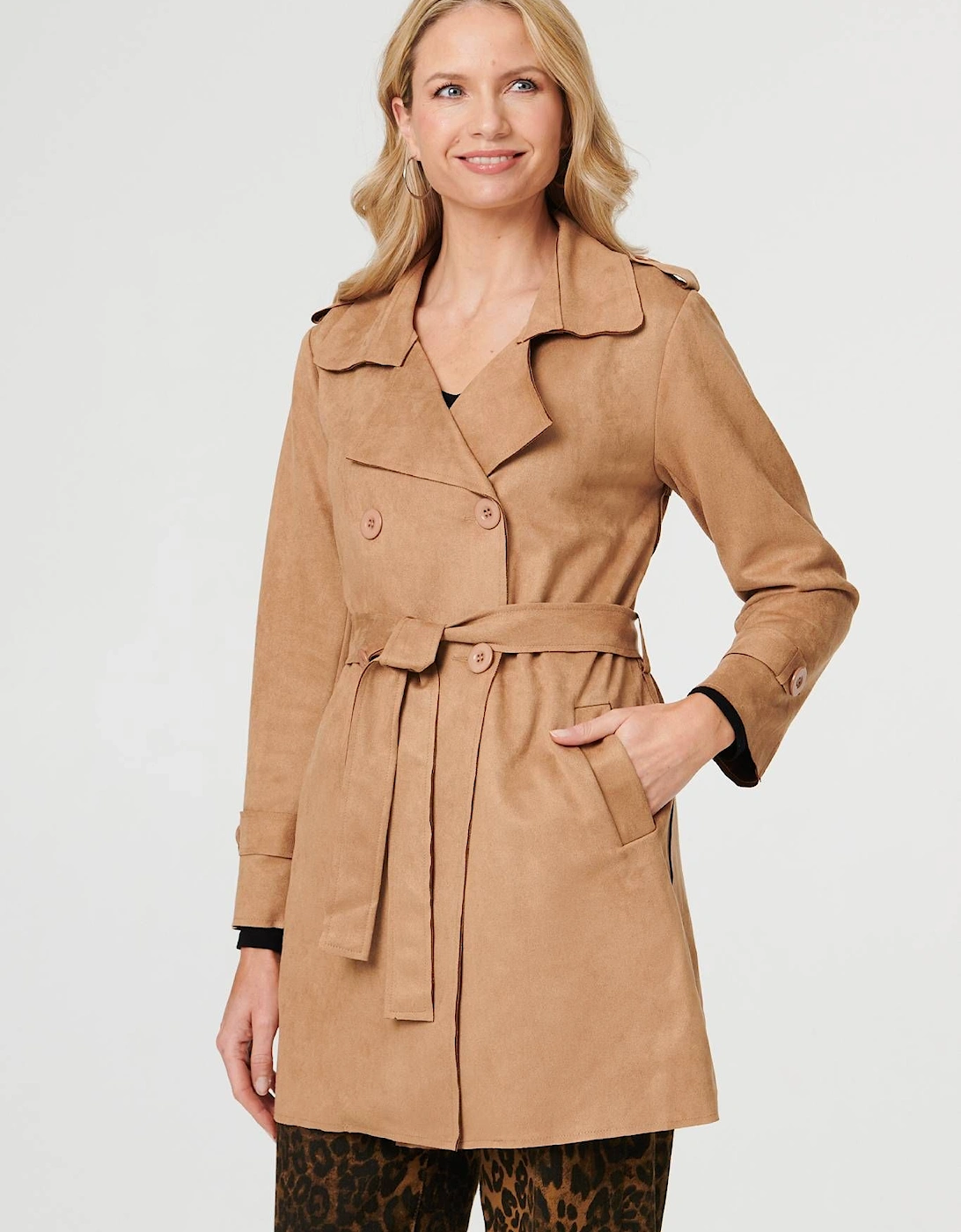Faux Suede Double Breasted Trench Coat, 2 of 1