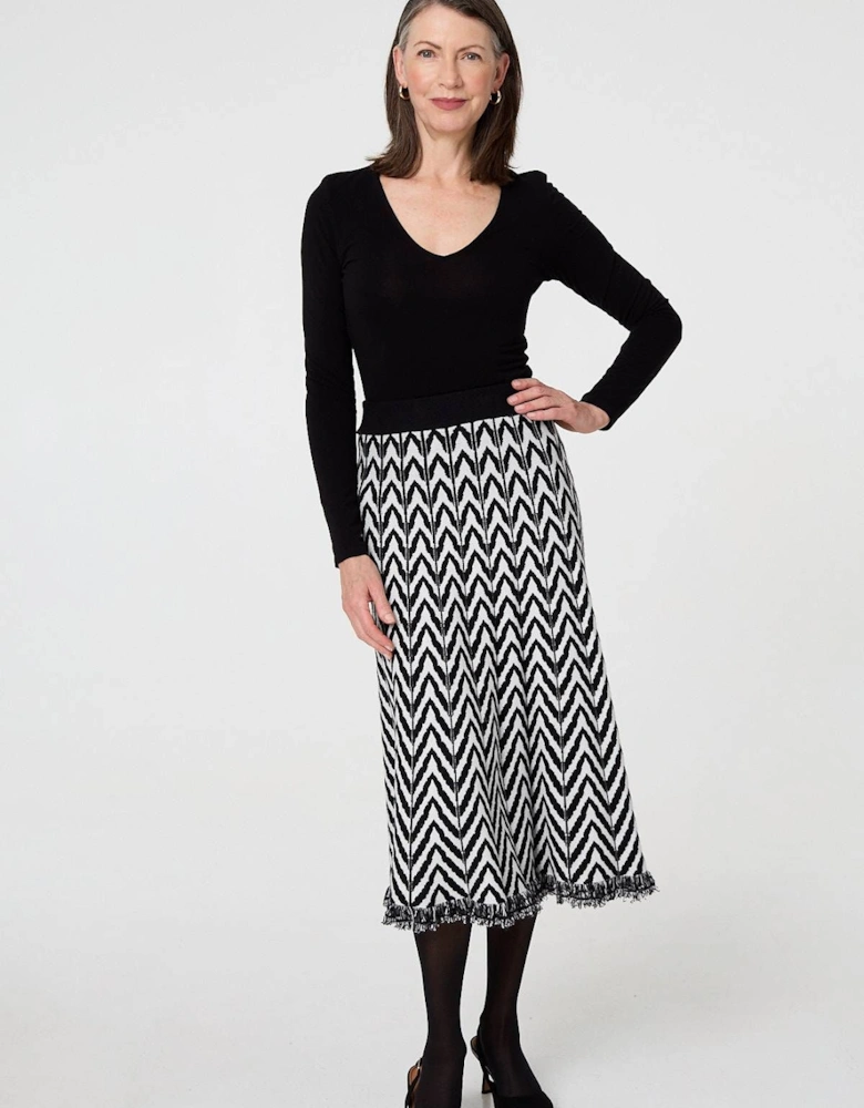 Chevron Print Fringed Knit Midi Skirt