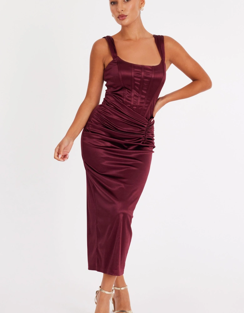 Wine Petite Square Neck Satin Midaxi Dress