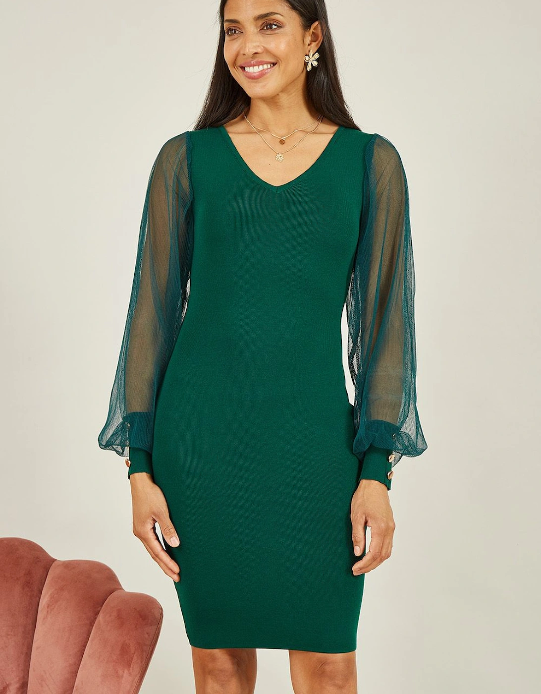 Green Knitted Body Con Dress With Chiffon Sleeve, 2 of 1