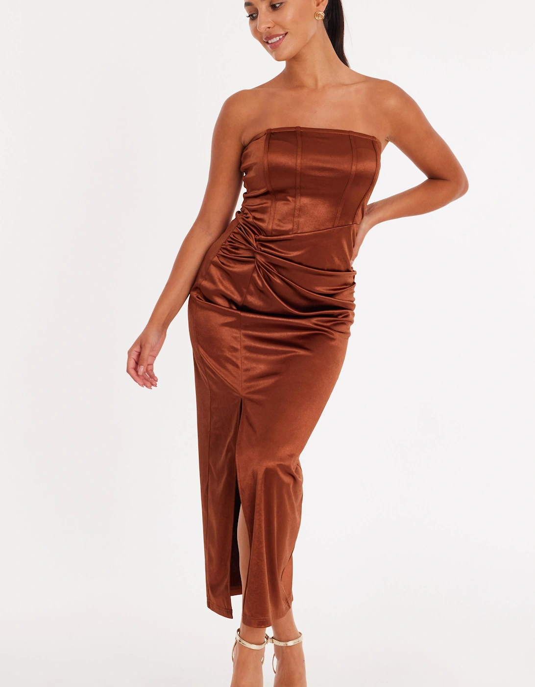 Brown Petite Satin Corset Midaxi Dress, 2 of 1