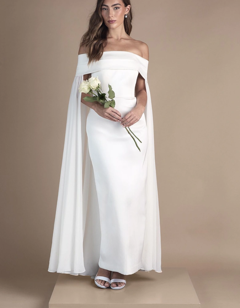 Bardot Cape Column Twill Wedding Dress