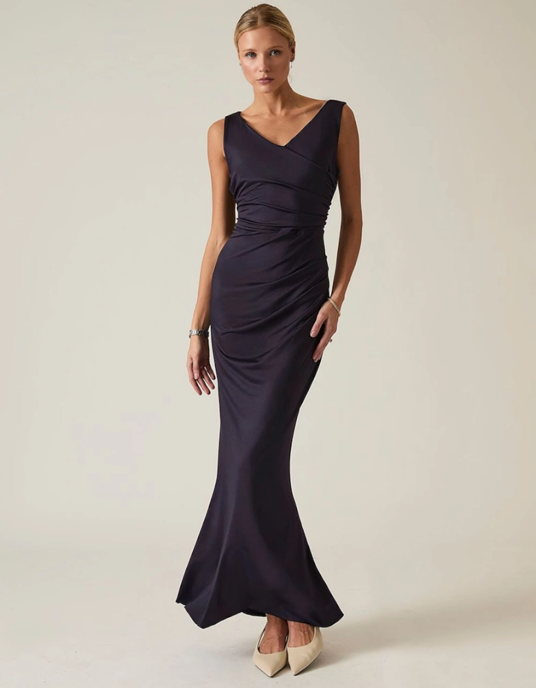 Navy Sleeveless Gathered Maxi Dress