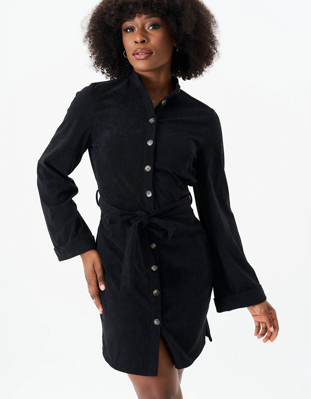 Black Button Front Belted Corduroy Shirt Dress, 2 of 1
