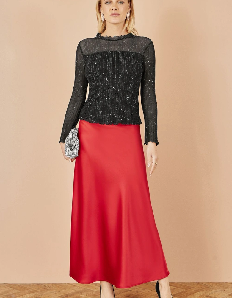 Red Satin Midi Skirt