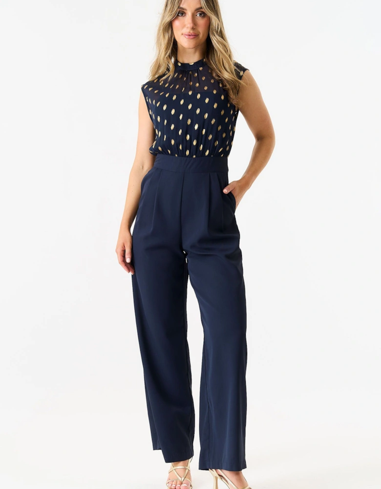 Navy Foil Pattern Sheer Top Tailored Jumpsuit
