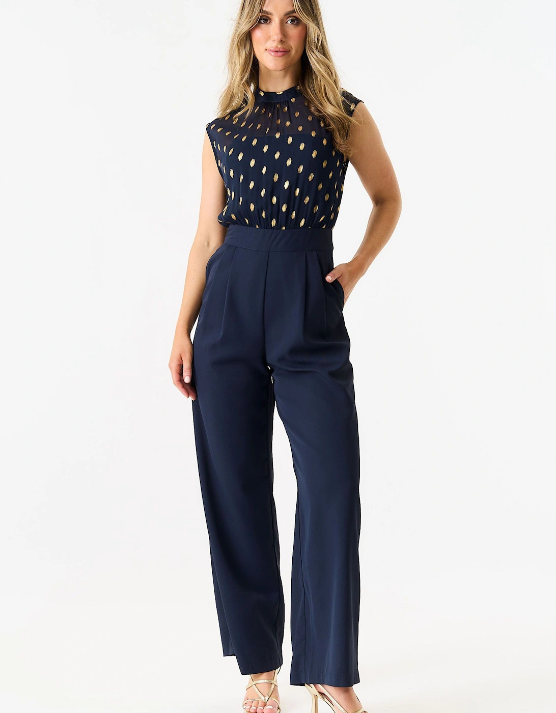 Navy Foil Pattern Sheer Top Tailored Jumpsuit, 2 of 1