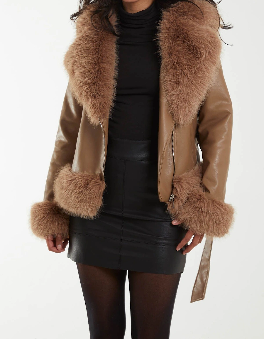 Faux Fur Cropped Leather Look Jacket, 2 of 1