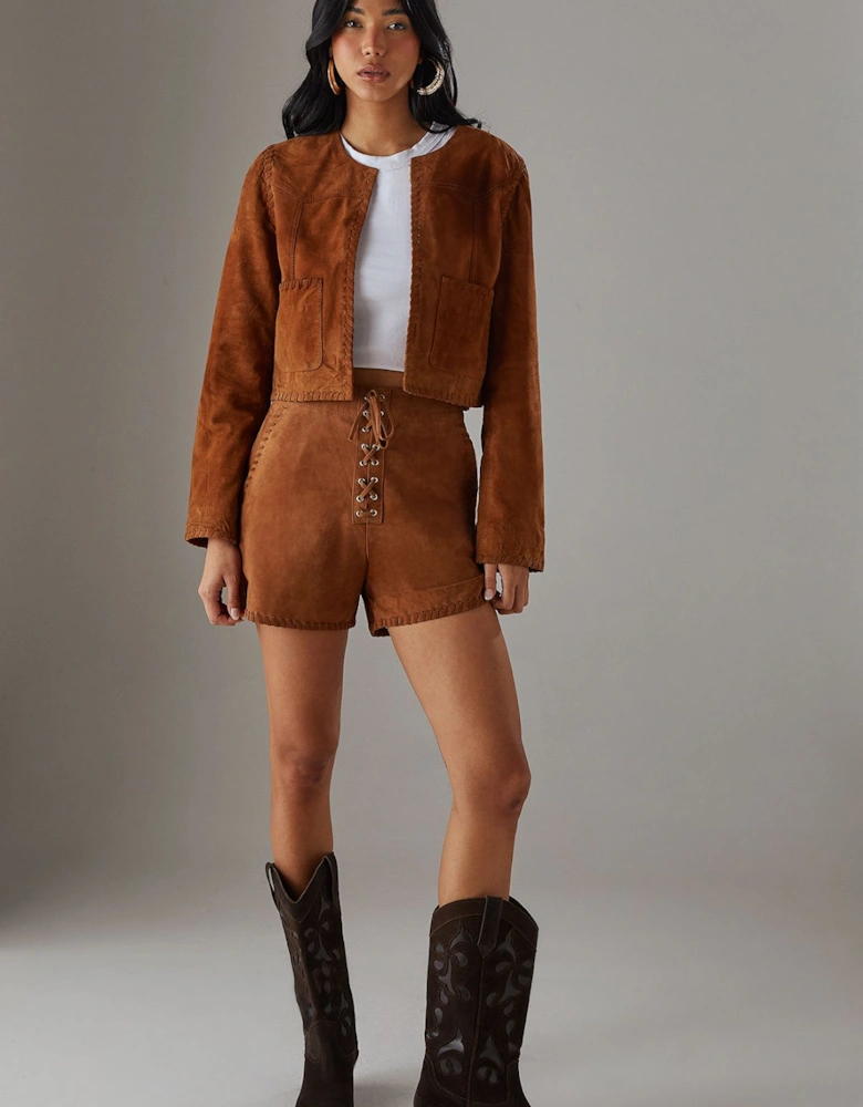 Real Suede Cropped Whipstitch Jacket