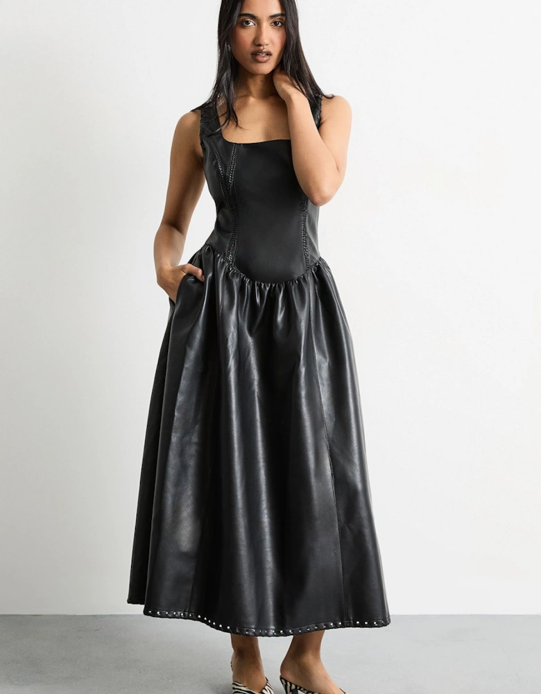 Faux Leather Whipstitch Trim Midi Dress
