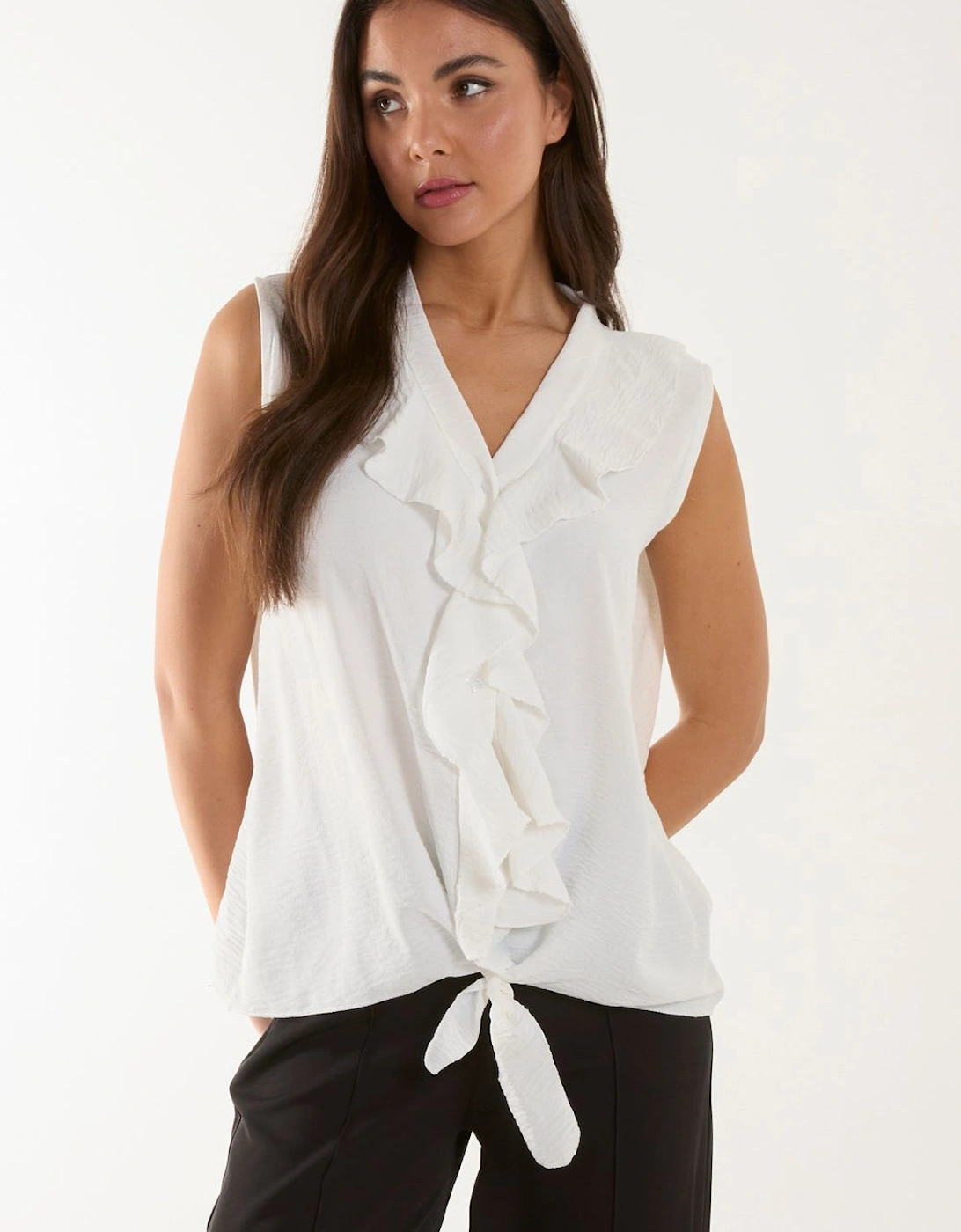 V Neck Ruffle Top with Knot, 2 of 1