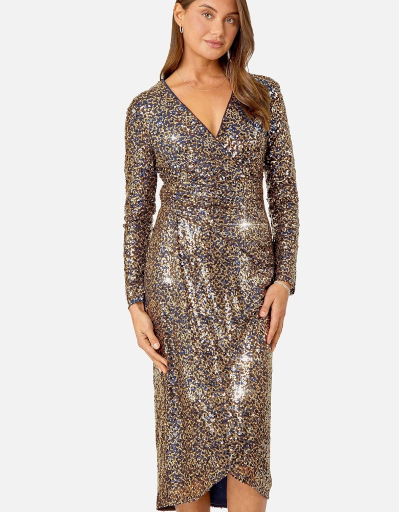 Sequin Wrap Midi Stretch Dress