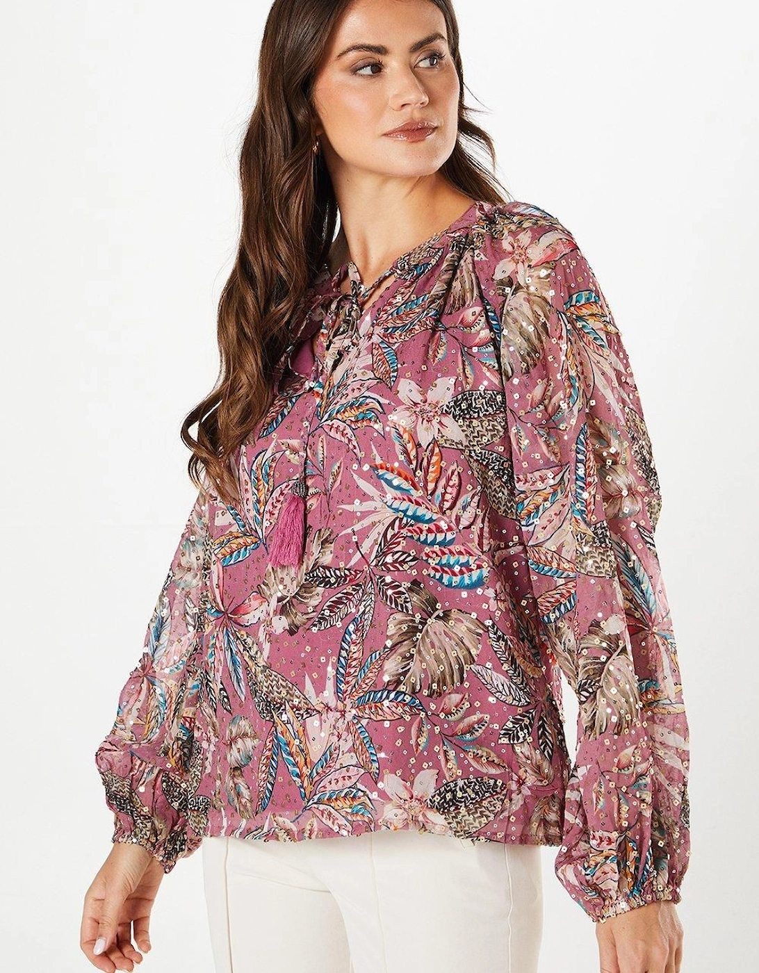 Mirror Detail Palm Print Tie Neck Top, 2 of 1