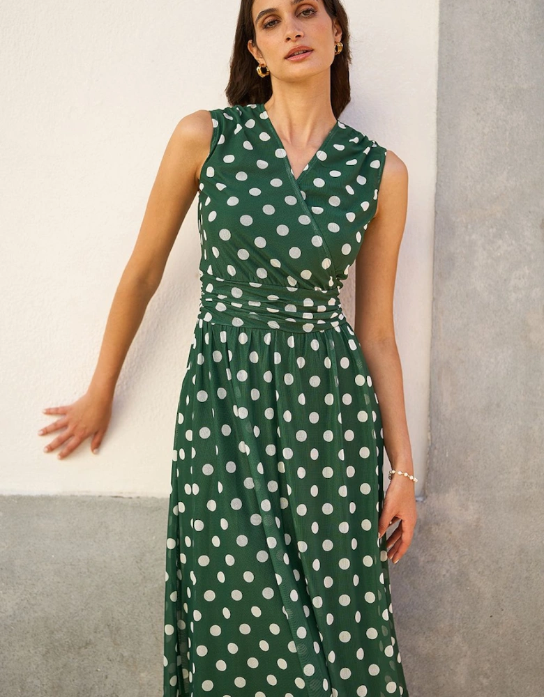 Green Polka Dot Mesh Wrap Skater Dress With Pockets
