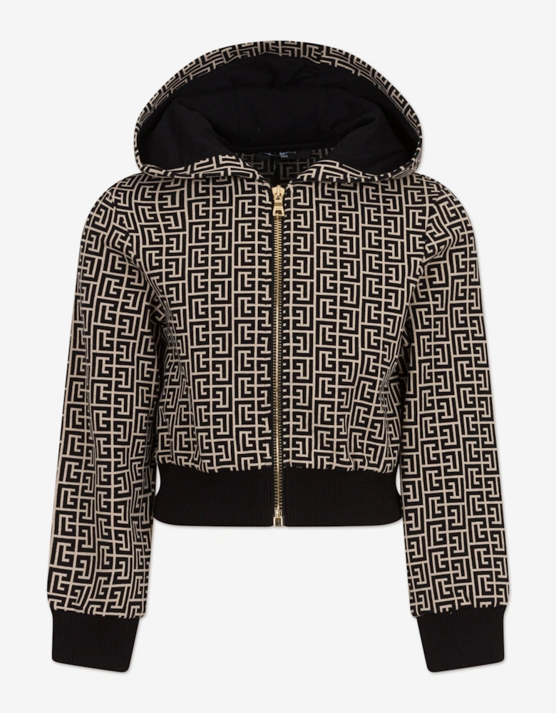 Girls Monogram Zip Up Top in Black