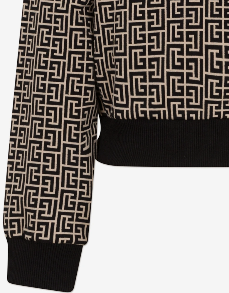 Girls Monogram Zip Up Top in Black