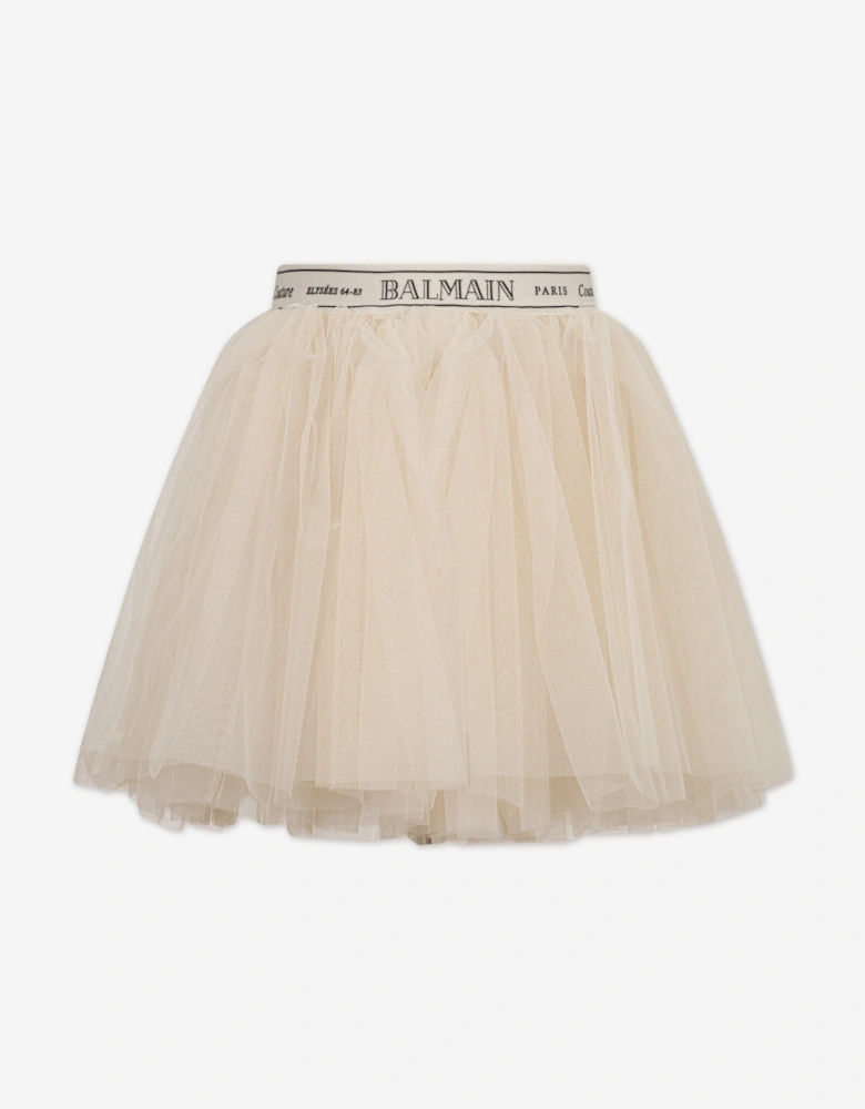Girls Logo Waistband Tulle Skirt in Beige