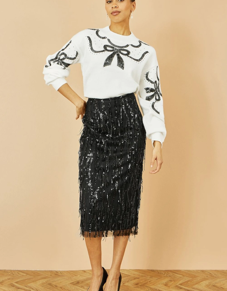 Black Hanging Sequin Fitted Midi Skirt