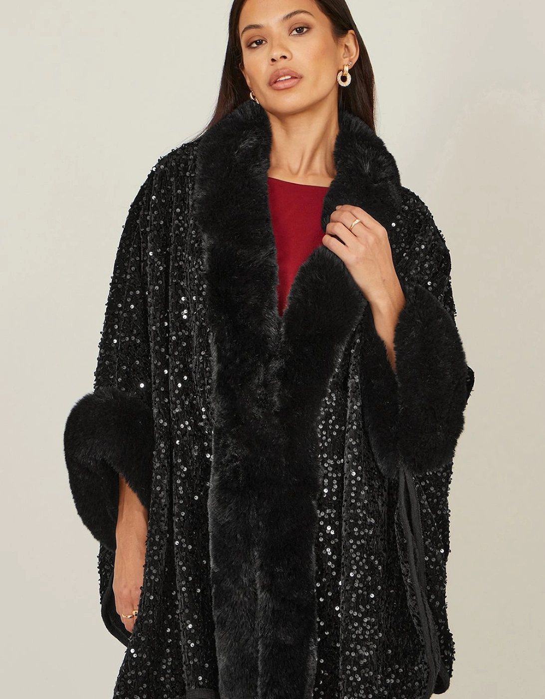 Black Sequin Cape with Faux Fur Trim and Lining, 2 of 1
