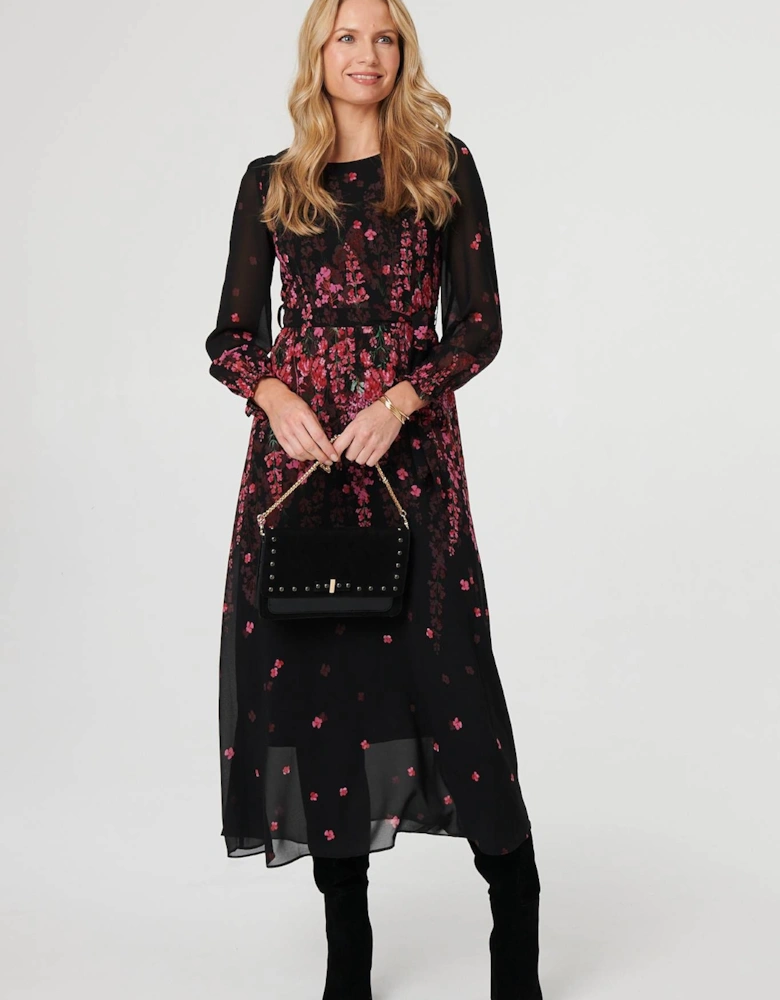 Floral Tie Waist Sheer Layer Maxi Dress