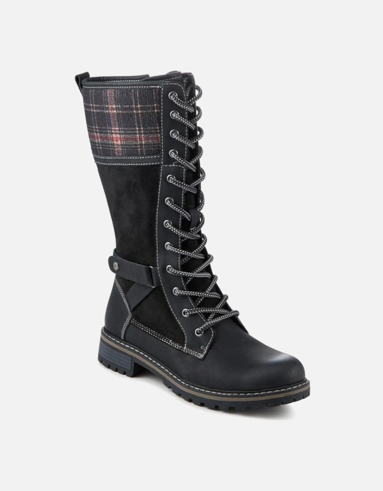 Lace Up Long Boots With Tartan Cuff