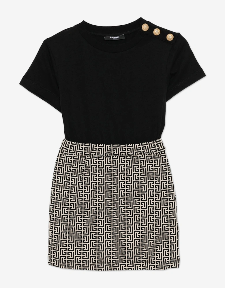 Girls Monogram Logo Dress in Black