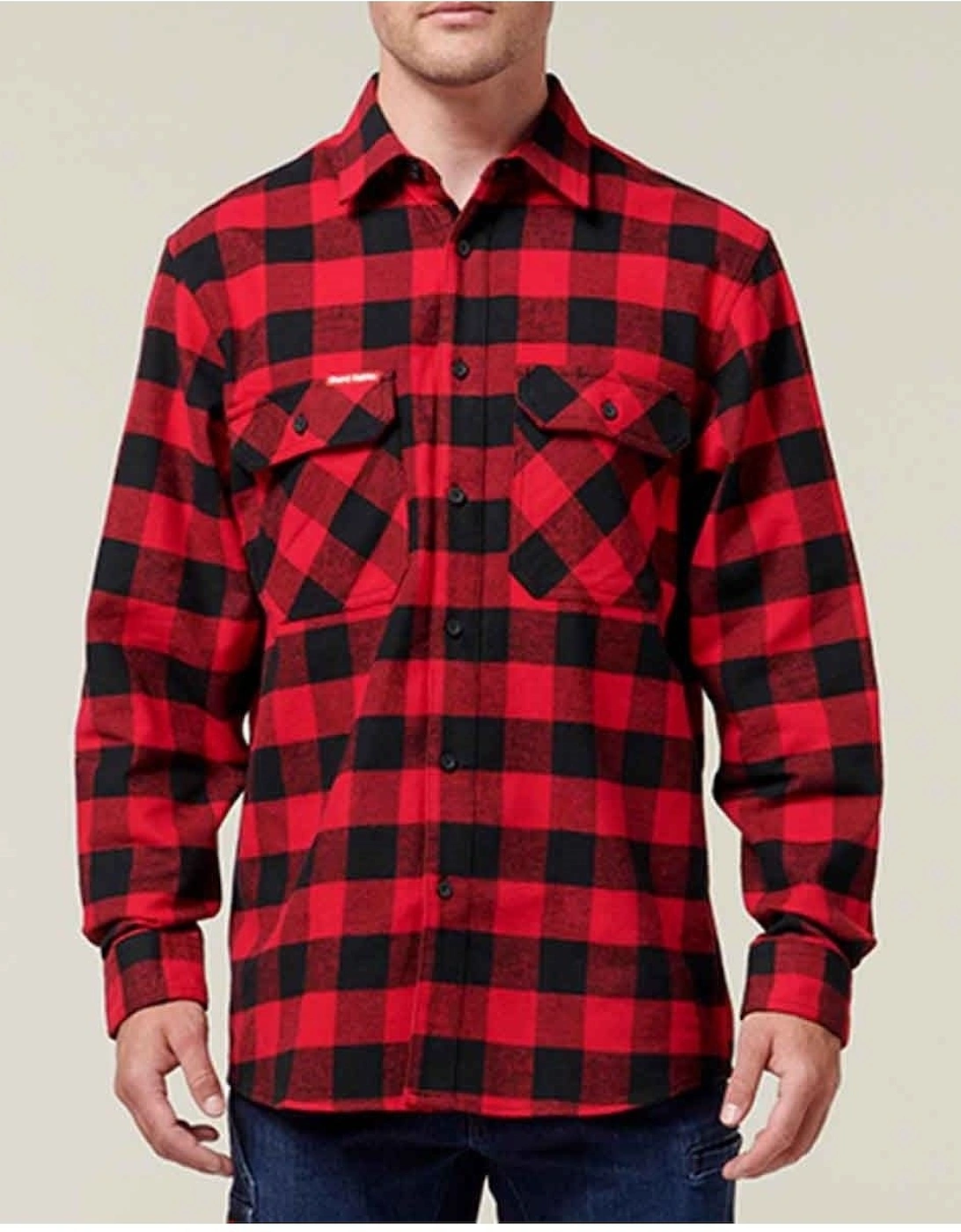 Long Sleeve Check Flannel Cotton Men's Red Casual Shirt