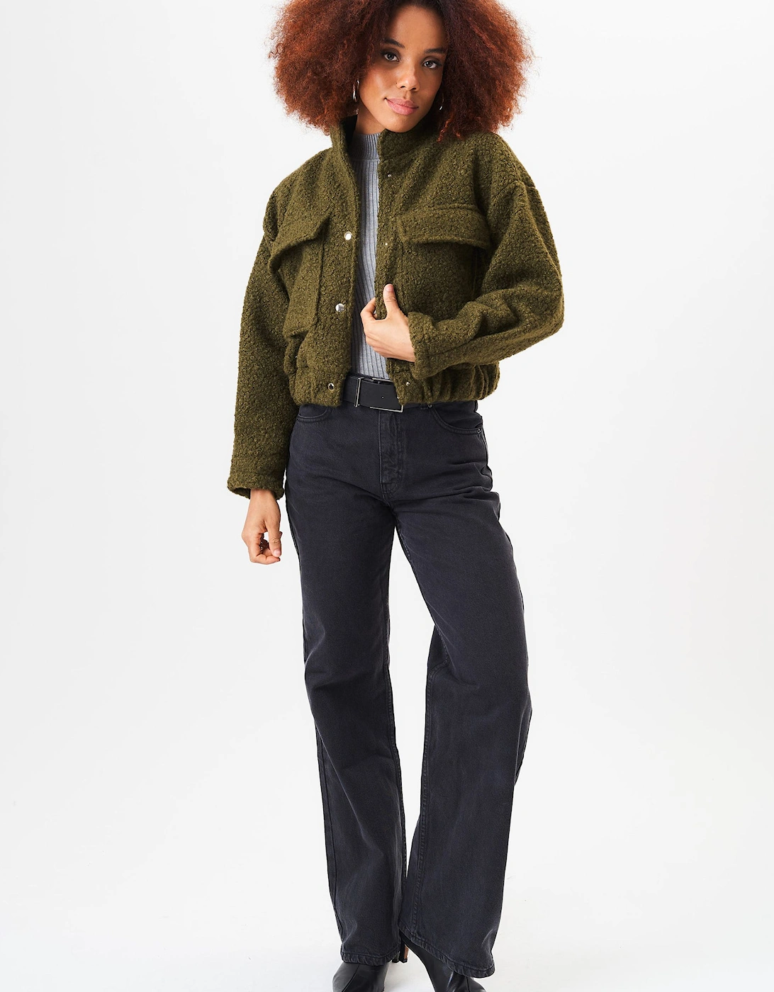Khaki Boucle Wool Elasticated Waist Cropped Jacket, 2 of 1