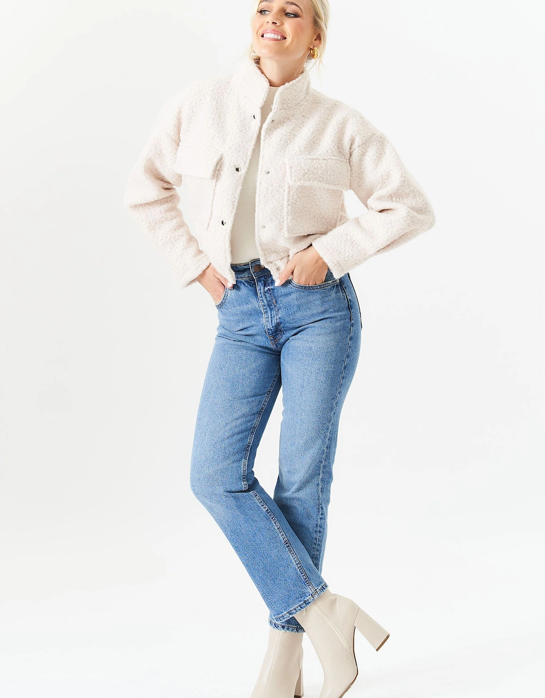 Beige Boucle Wool Elasticated Waist Cropped Jacket, 2 of 1