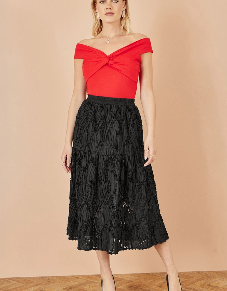 Black Mesh Applique Sequin Midi Skirt