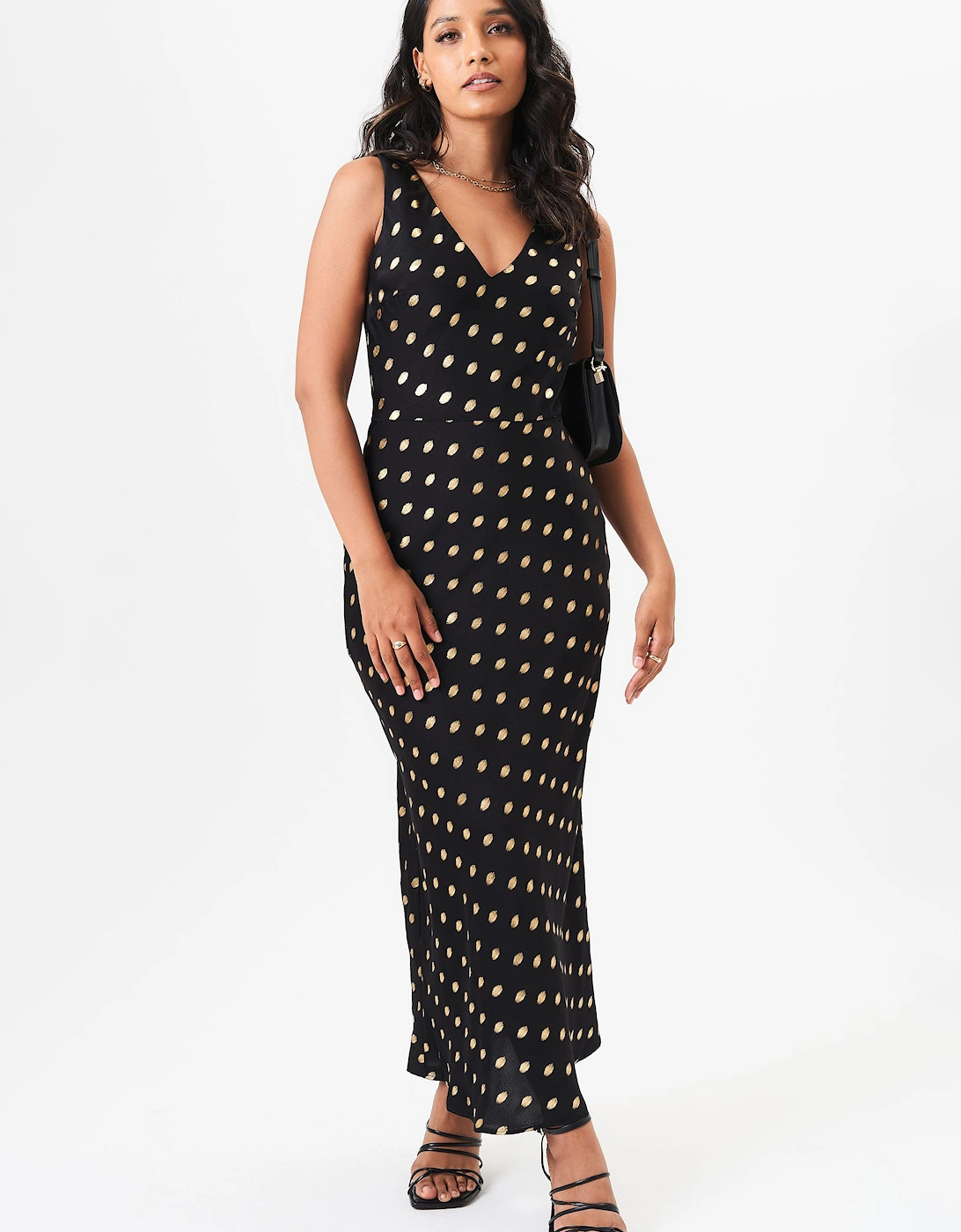 Black V Neck Bias Foil Satin Slip Midi Dress, 2 of 1