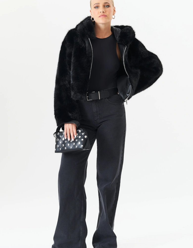 Black Zip Front Cropped Faux fur Jacket