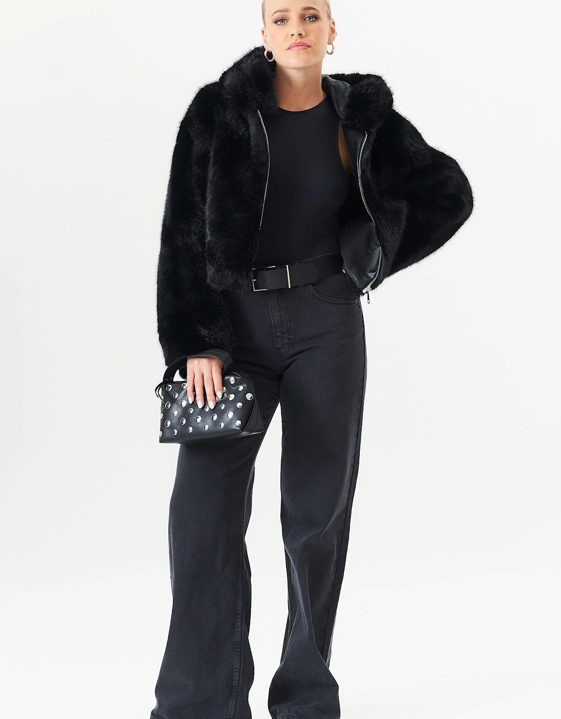 Black Zip Front Cropped Faux fur Jacket, 2 of 1