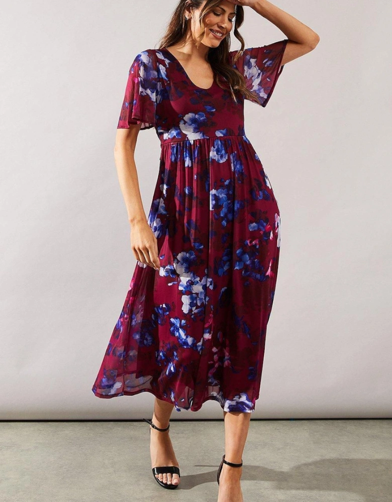 Floral Mesh Wrap Waist Midi Dress