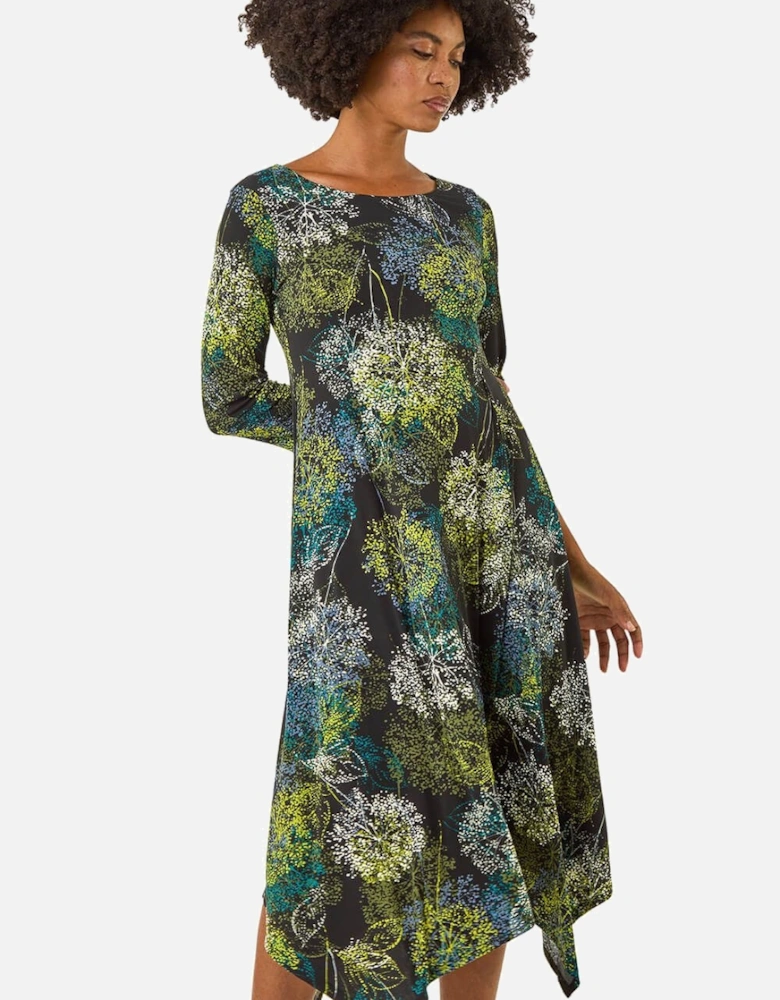 Floral Hanky Hem Stretch Midi Dress