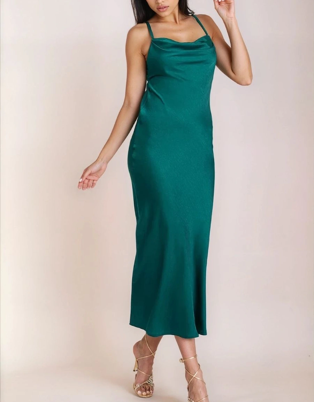 Emerald Green Satin Cowl Neck Midi Dress, 2 of 1
