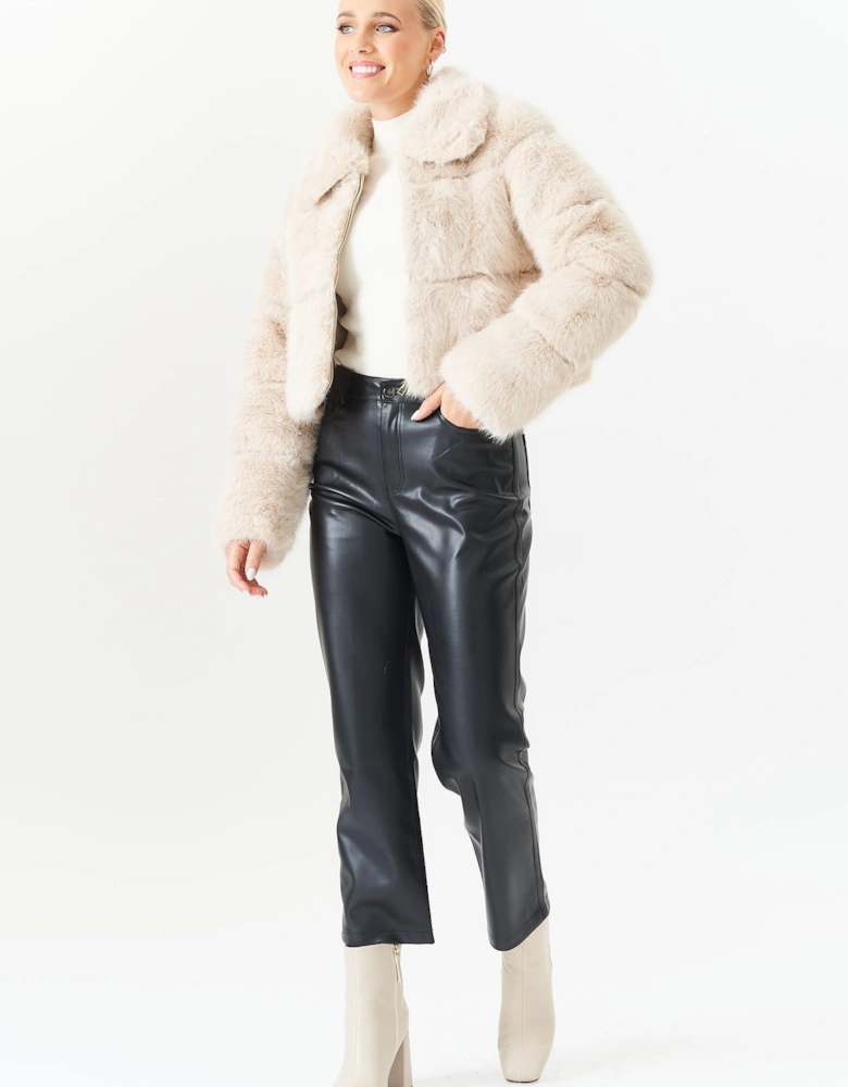 Beige  Panel Faux Fur Cropped Jacket